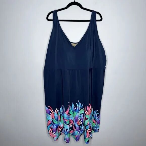 Swimsuits For All Women’s Floral Border Swim Dress Navy Blue Size 34 - Picture 1 of 6